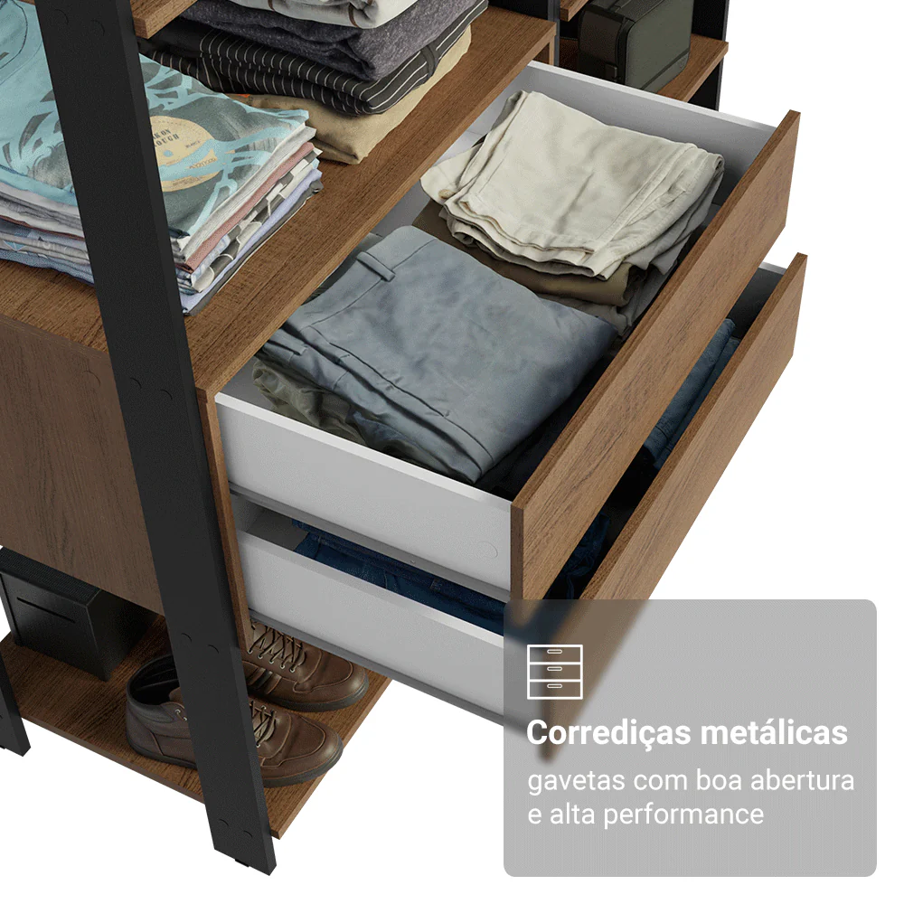 Guarda-Roupa Closet Modulado Valencia 2 Gavetas 9 Prateleiras 129cm Rustic/Preto Madesa - Image 7