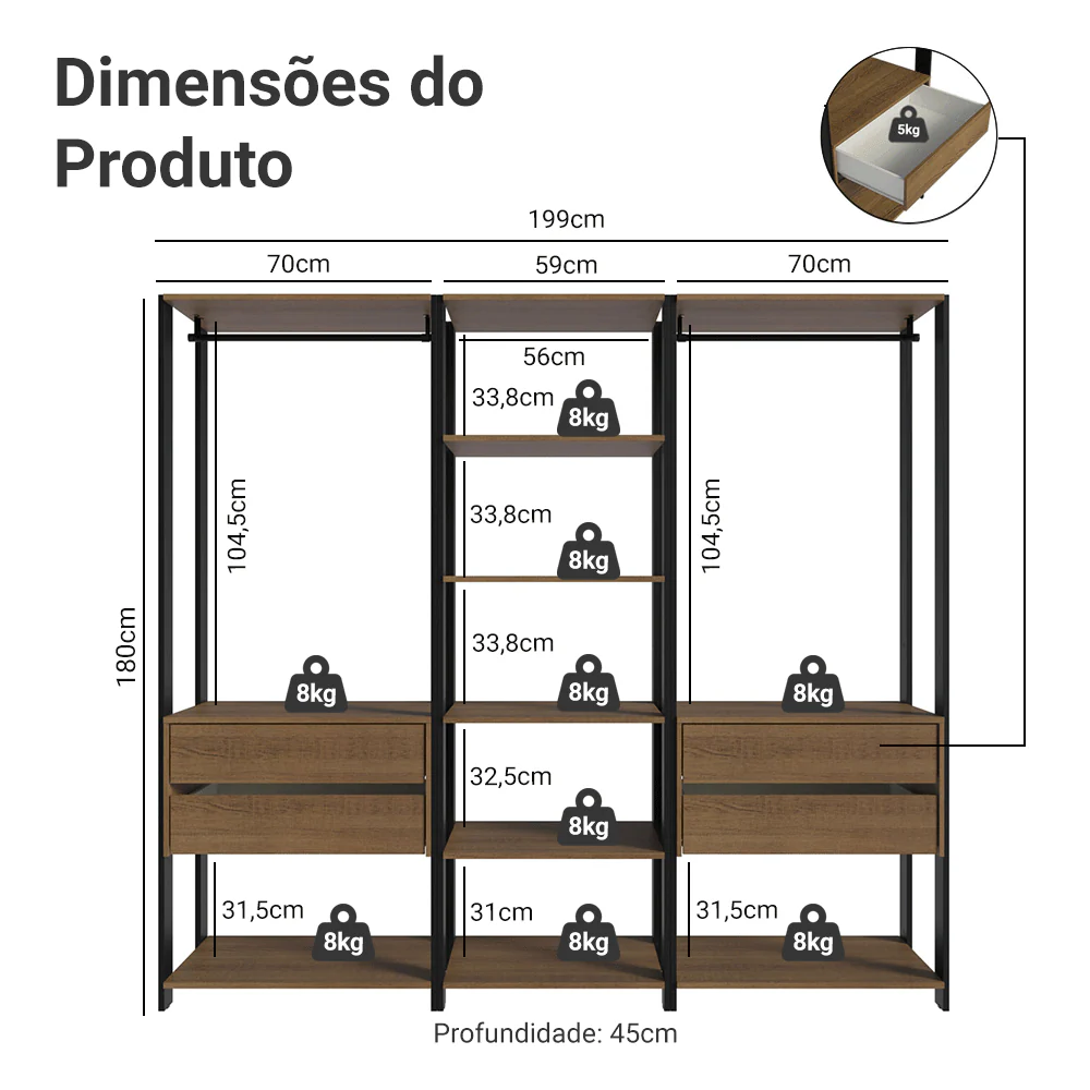 Guarda-Roupa Closet Modulado 4 Gavetas 199cm Rustic/Preto Madesa 02 Valencia - Image 3