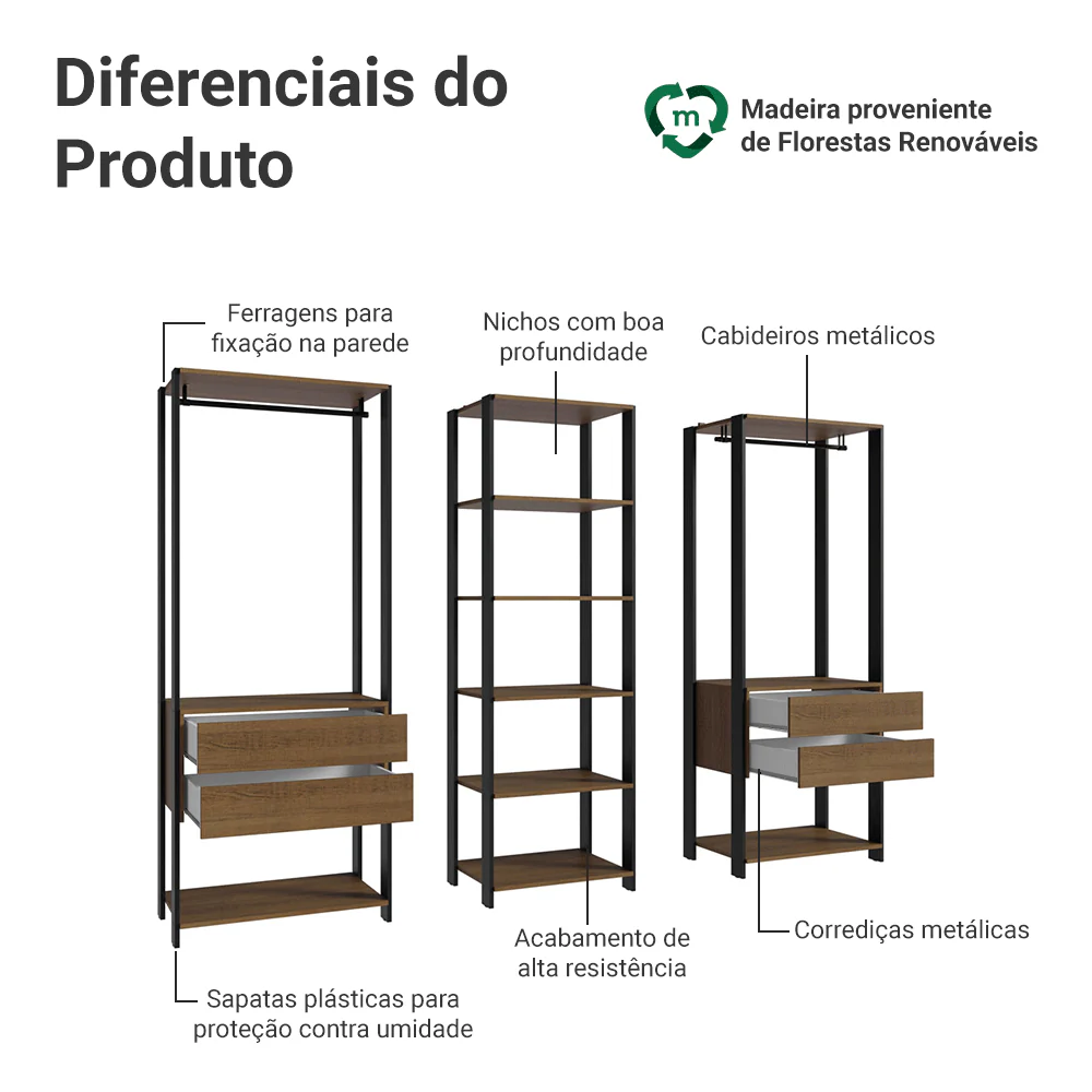 Guarda-Roupa Closet Modulado 4 Gavetas 199cm Rustic/Preto Madesa 02 Valencia - Image 4