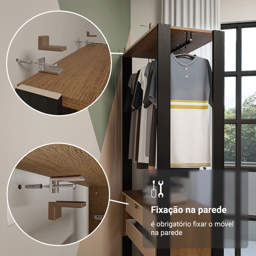 Guarda-Roupa Closet Modulado 4 Gavetas 199cm Rustic/Preto Madesa 02 Valencia - Image 5