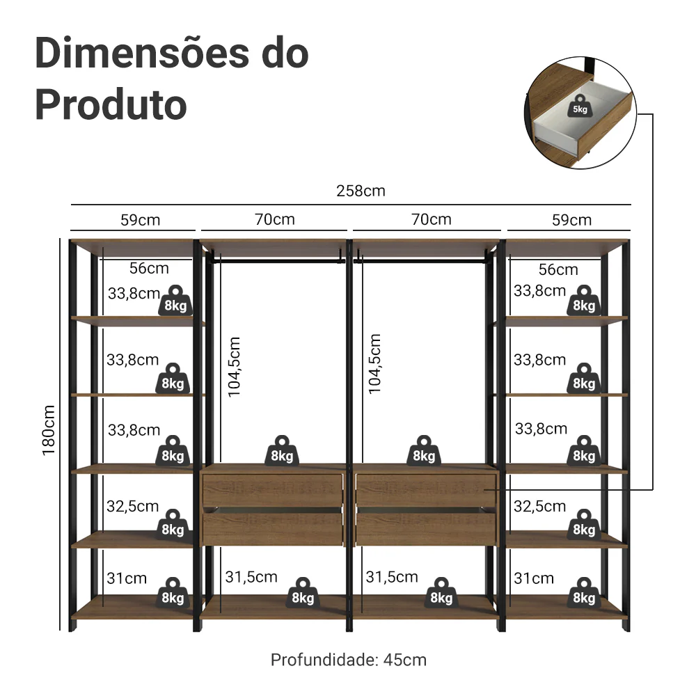 Guarda-Roupa Closet Modulado 4 Gavetas 258cm Rustic/Preto Madesa 01 Valencia - Image 3