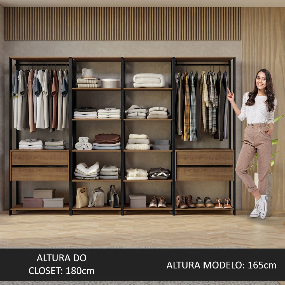 Guarda-Roupa Closet Modulado Valencia 4 Gavetas 258cm Rustic/Preto Madesa 02 - Image 5