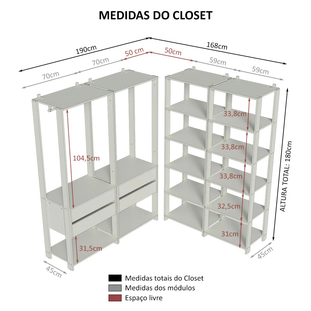 Guarda-Roupa Closet Modulado 4 Gavetas 258 cm Rustic/Preto Valencia Madesa 03 - Image 3