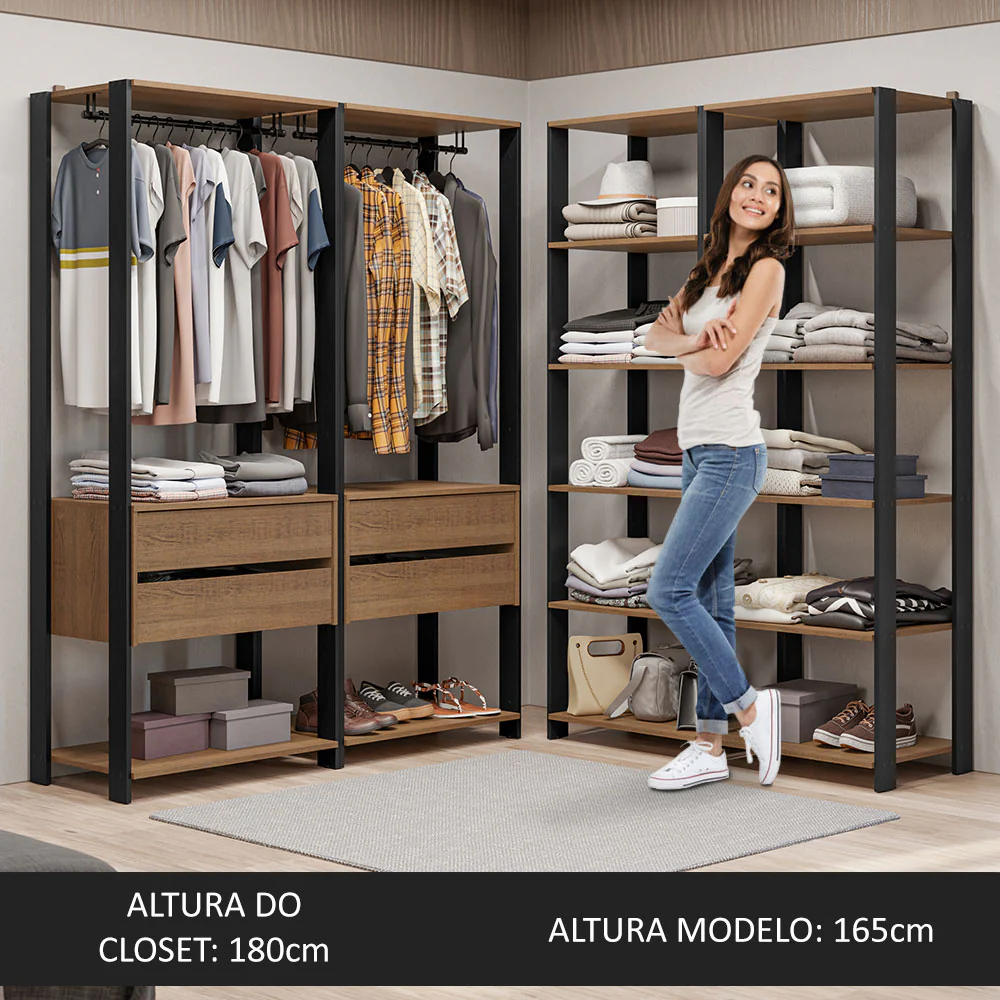 Guarda-Roupa Closet Modulado 4 Gavetas 258 cm Rustic/Preto Valencia Madesa 03 - Image 5