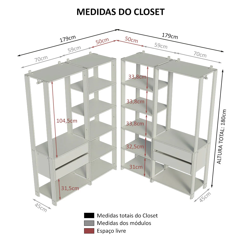 Guarda-Roupa Closet Modulado 4 Gavetas 258 cm Rustic/Preto Valencia Madesa 04 - Image 3