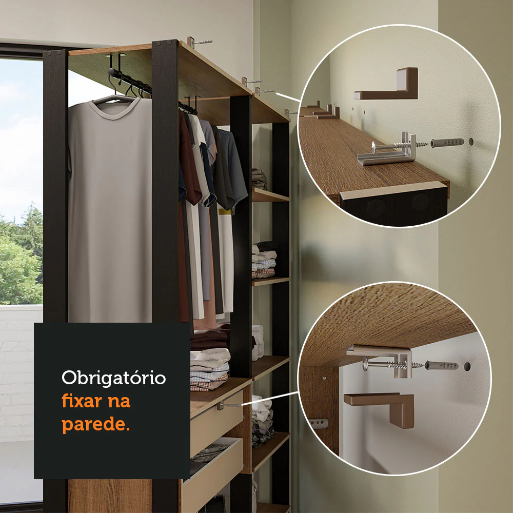Guarda-Roupa Closet Modulado 4 Gavetas 258 cm Rustic/Preto Valencia Madesa 04 - Image 6
