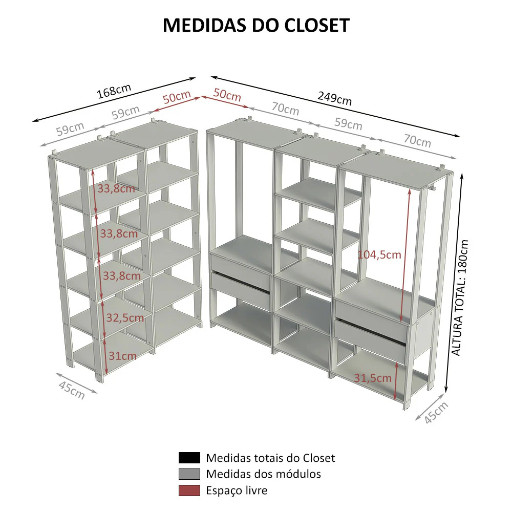 Guarda-Roupa Closet Modulado 4 Gavetas 317 cm Rustic/Preto Valencia Madesa - Image 3