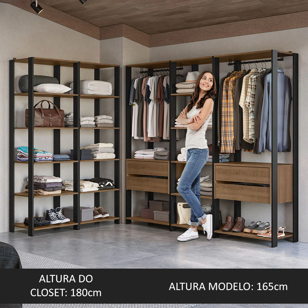 Guarda-Roupa Closet Modulado 4 Gavetas 317 cm Rustic/Preto Valencia Madesa - Image 5