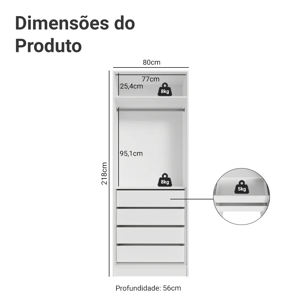 Guarda-Roupa Modulado 2 Portas 4 Gavetas 1 Cabideiro Branco Neo Madesa - Image 2
