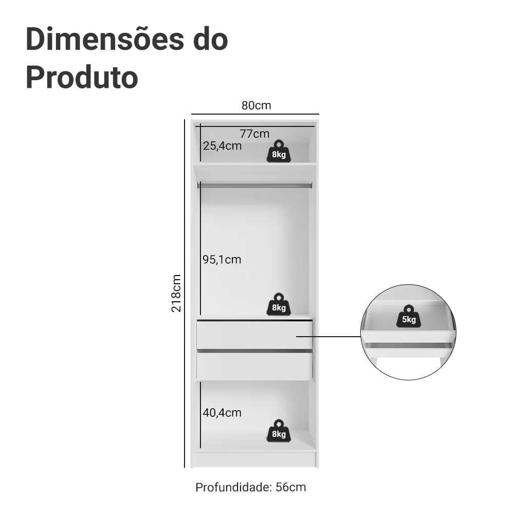 Guarda-Roupa Modulado 2 Portas com Espelho 2 Gavetas 1 Cabideiro Branco Neo Madesa - Image 2