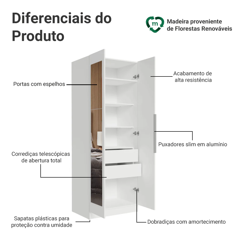 Guarda-Roupa Modulado 2 Portas com Espelho 2 Gavetas 4 Prateleiras Branco Neo Madesa - Image 3