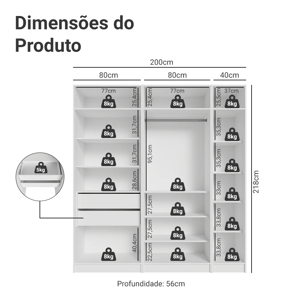 Guarda-Roupa Modulado 200 cm 5 Portas com Espelhos 2 Gavetas Branco Neo Madesa 02 - Image 3