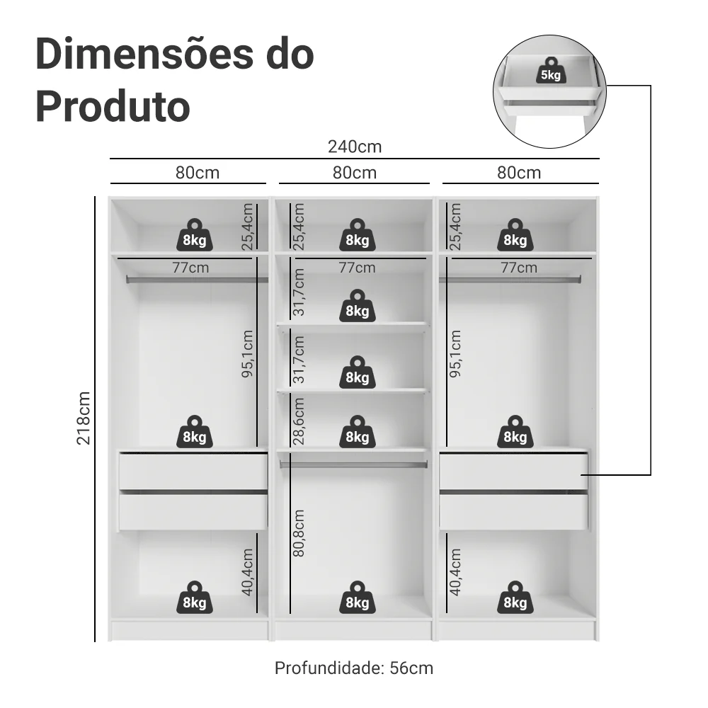 Guarda-Roupa Modulado 240 cm 6 Portas 4 Gavetas Branco Neo Madesa 01 - Image 3