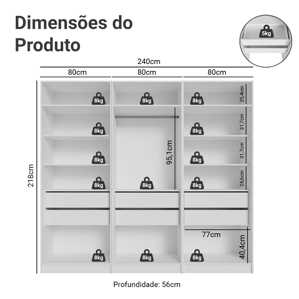 Guarda-Roupa Modulado 240 cm 6 Portas 6 Gavetas Branco Neo Madesa 03 - Image 3