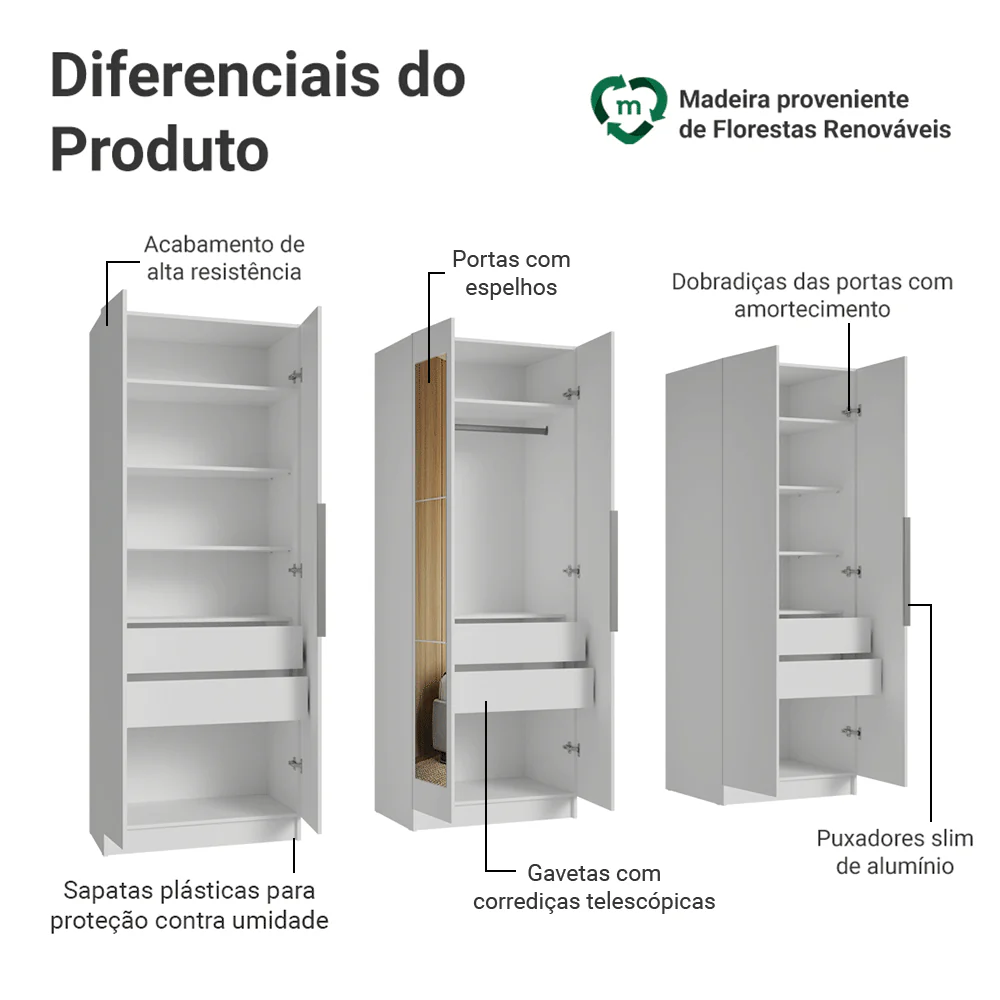 Guarda-Roupa Modulado 240 cm 6 Portas com Espelhos 6 Gavetas Branco Neo Madesa 04 - Image 4
