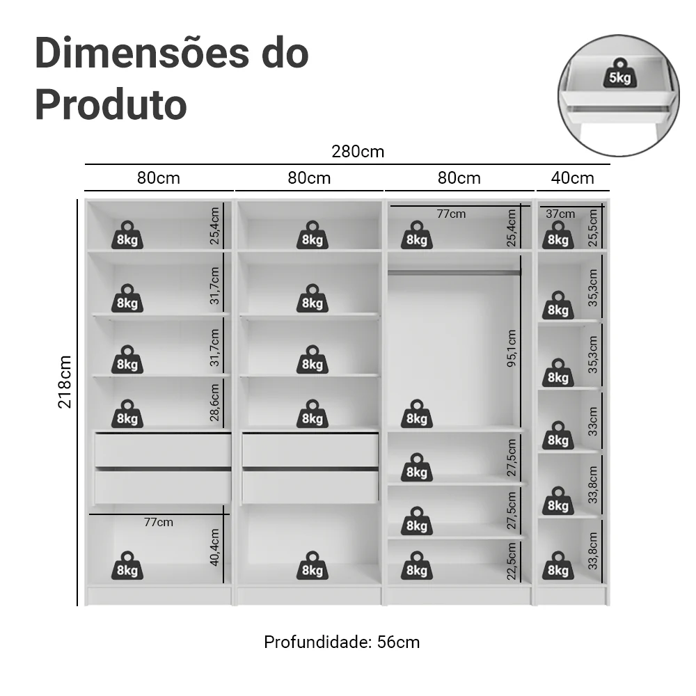 Guarda-Roupa Modulado 280 cm 7 Portas com Espelhos 4 Gavetas Branco Neo Madesa 01 - Image 3
