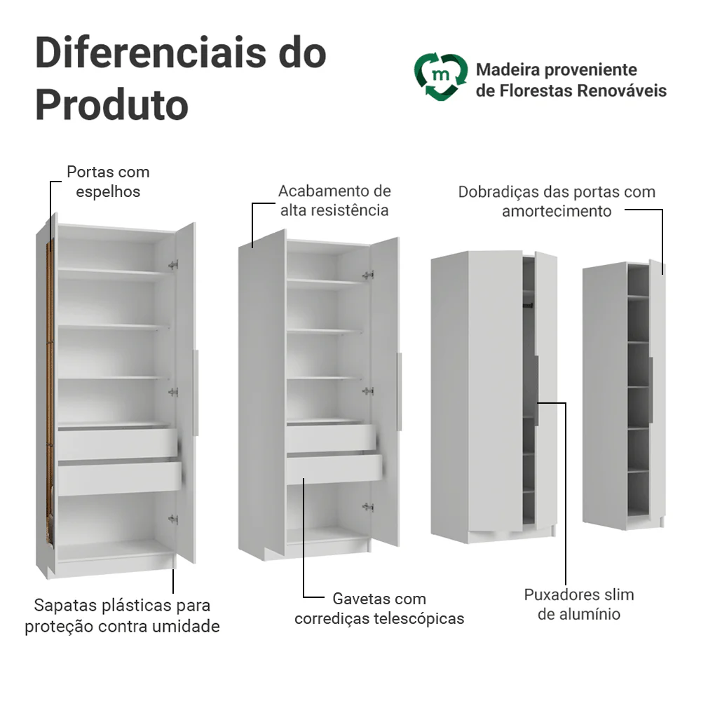 Guarda-Roupa Modulado 280 cm 7 Portas com Espelhos 4 Gavetas Branco Neo Madesa 01 - Image 4