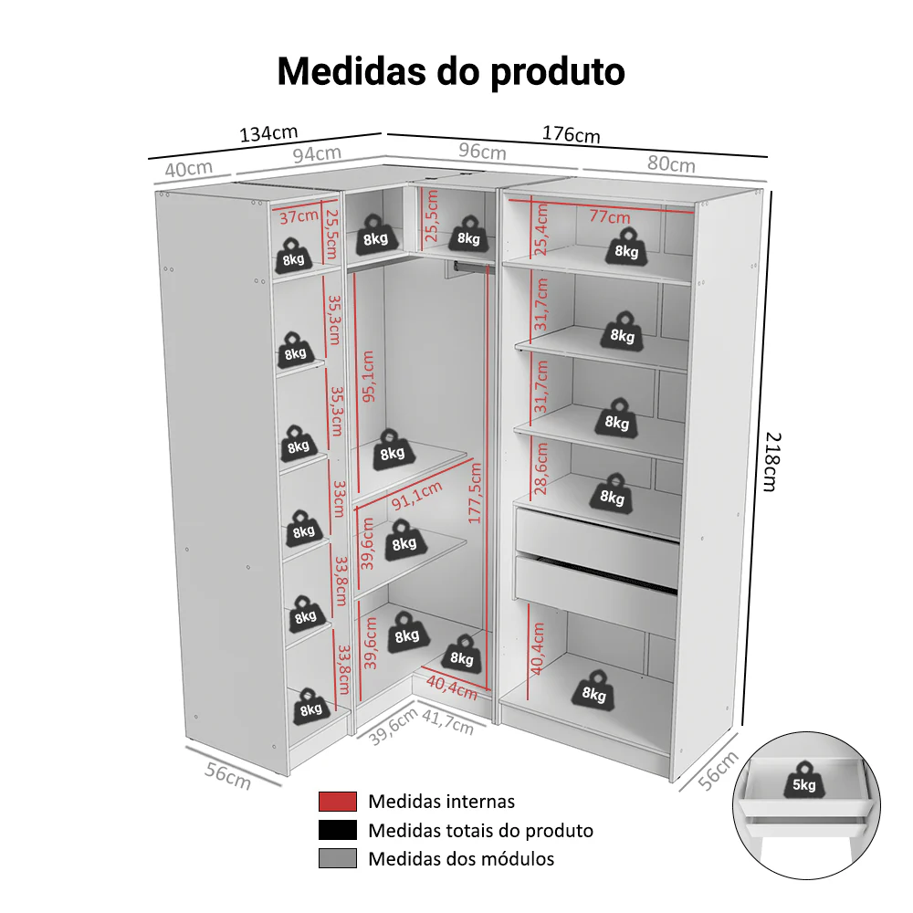 Guarda-Roupa Modulado de Canto 310 cm 5 Portas 2 Gavetas Branco Neo Madesa 01 - Image 3