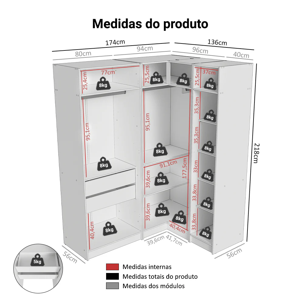 Guarda-Roupa Modulado de Canto 310 cm 5 Portas 2 Gavetas Branco Neo Madesa 02 - Image 3