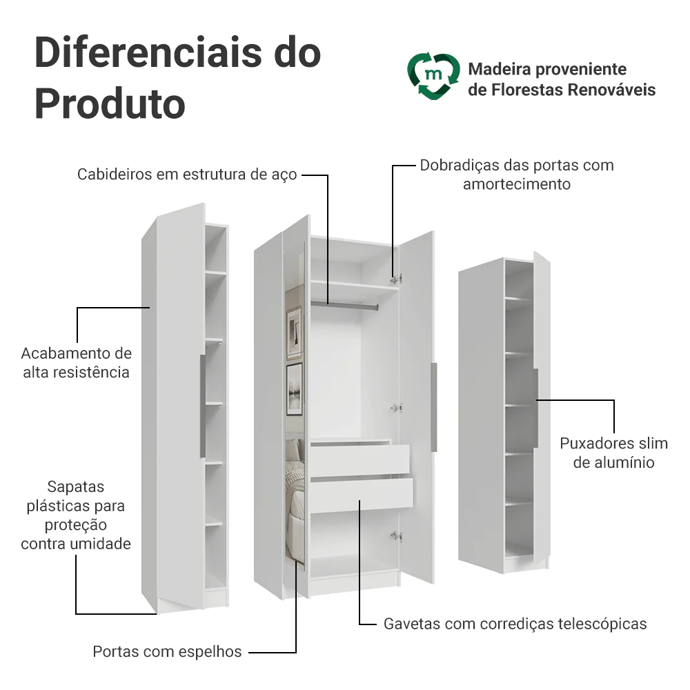 Guarda-Roupa Modulado com Espelhos 160 cm 4 Portas Branco Neo Madesa - Image 4