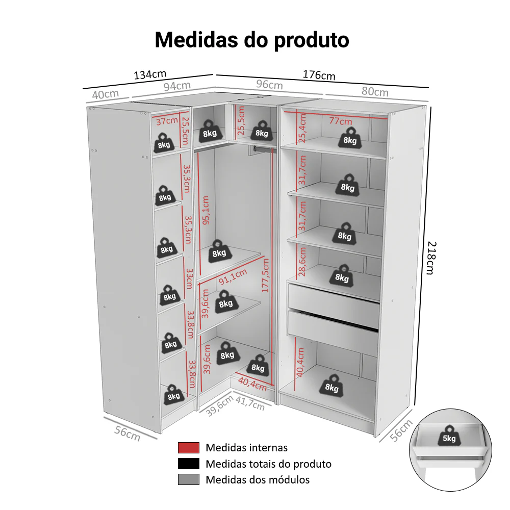 Guarda-Roupa Modulado de Canto 310 cm 5 Portas com Espelhos 2 Gavetas Branco Neo Madesa 04 - Image 3