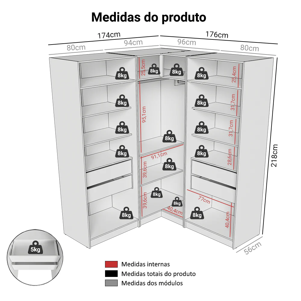 Guarda-Roupa Modulado de Canto 350 cm 6 Portas com Espelhos 4 Gavetas Branco Neo Madesa 02 - Image 3