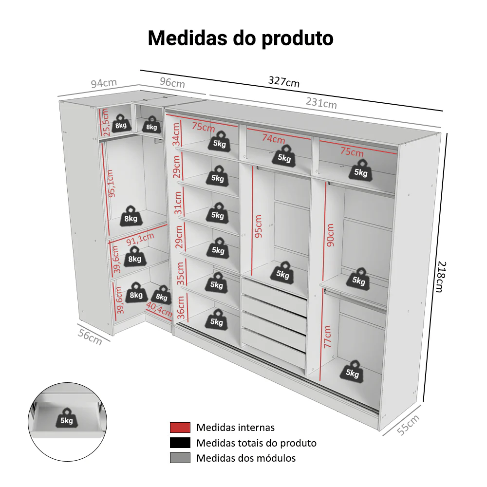 Guarda-Roupa Modulado Neo + Guarda-Roupa Royale 3 Portas de Correr com Espelho Branco Madesa - Image 3