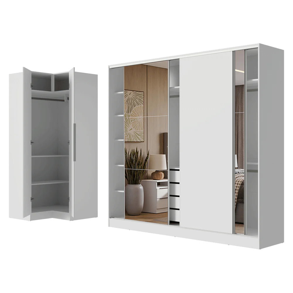 Guarda-Roupa Modulado Neo + Guarda-Roupa Royale 3 Portas de Correr com Espelhos Branco Madesa - Image 9