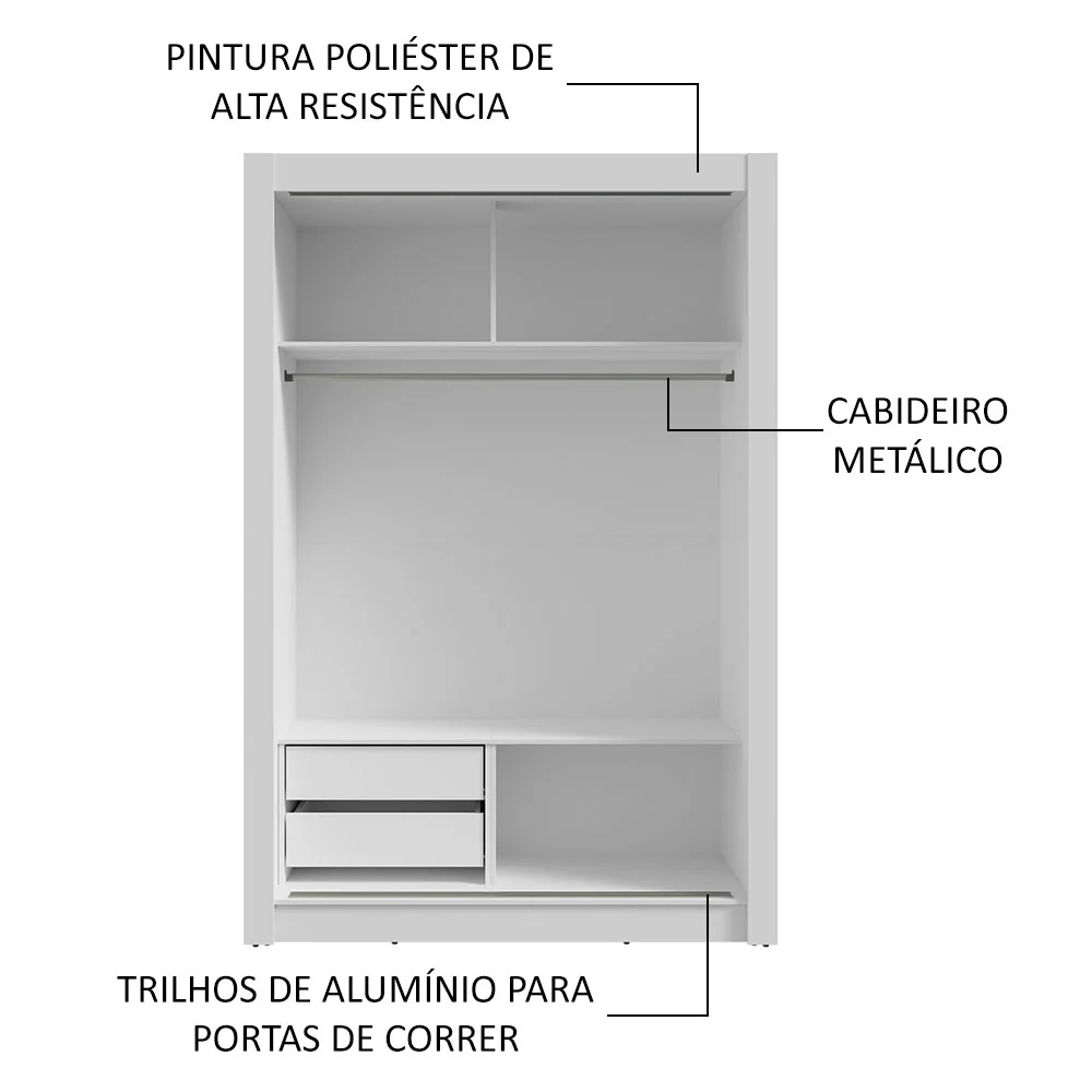 Guarda-Roupa Solteiro 2 Portas de Correr com Espelho 2 Gavetas Branco/Cinza Vivare Madesa - Image 6