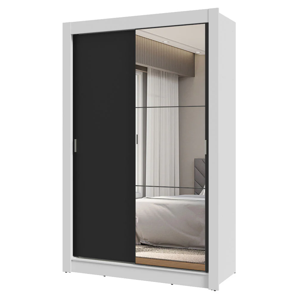 Guarda-Roupa Solteiro 2 Portas de Correr com Espelho 2 Gavetas Branco/Preto Vivare Madesa - Image 2