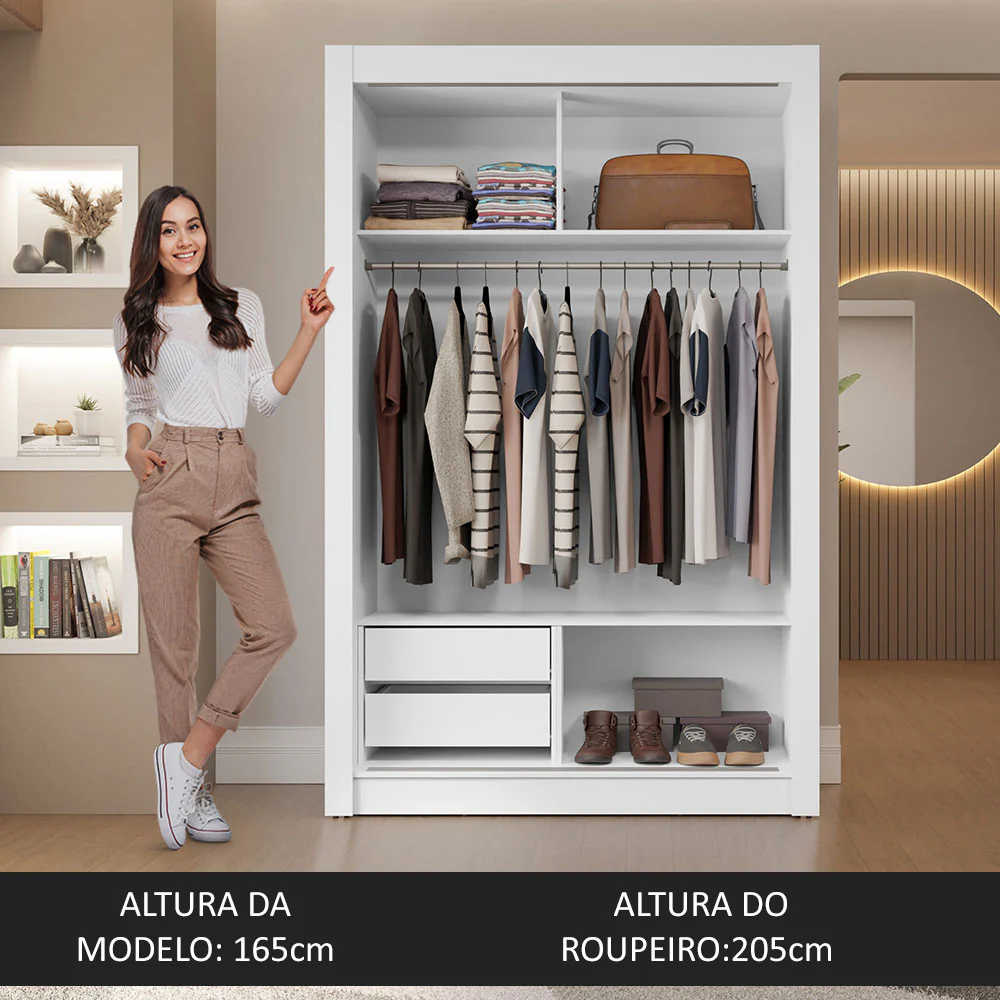 Guarda-Roupa Solteiro 2 Portas de Correr com Espelho 2 Gavetas Branco/Rustic Vivare Madesa - Image 5