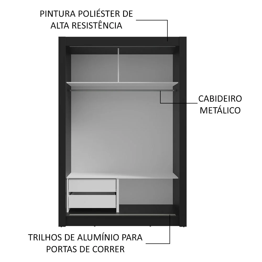 Guarda-Roupa Solteiro 2 Portas de Correr com Espelho 2 Gavetas Preto/Rustic Vivare Madesa - Image 6