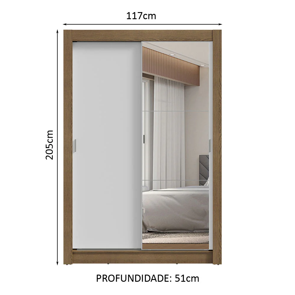 Guarda-Roupa Solteiro 2 Portas de Correr com Espelho 2 Gavetas Rustic/Branco Vivare Madesa - Image 3