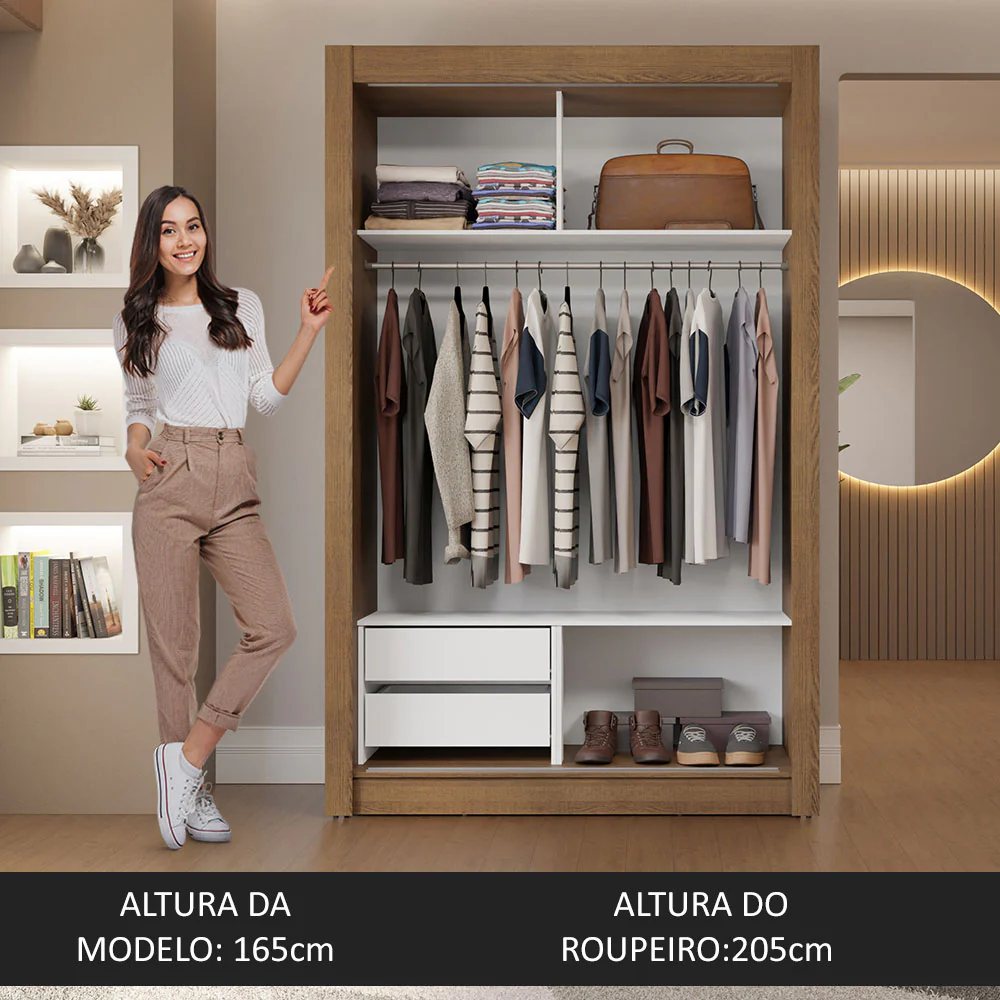 Guarda-Roupa Solteiro 2 Portas de Correr com Espelho 2 Gavetas Rustic/Branco Vivare Madesa - Image 5