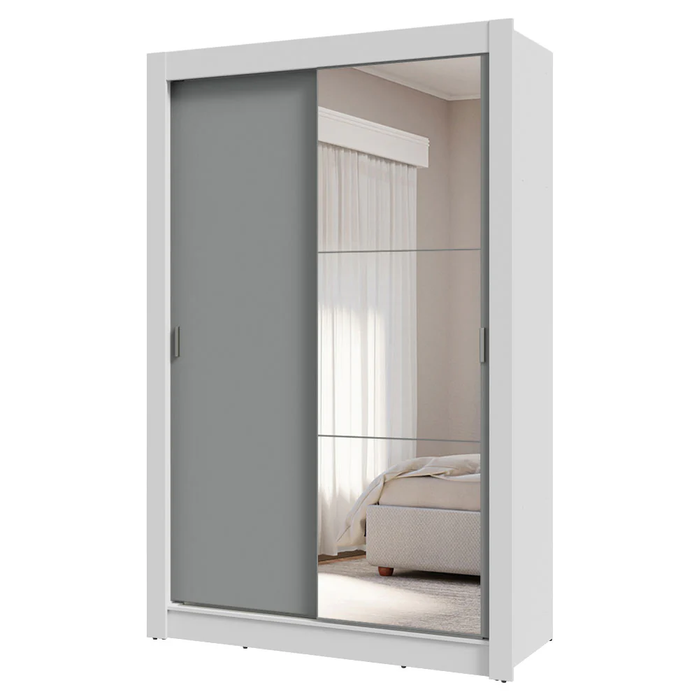 Guarda-Roupa Solteiro 2 Portas de Correr com Espelho 4 Gavetas Branco/Cinza Vivare Plus Madesa - Image 2
