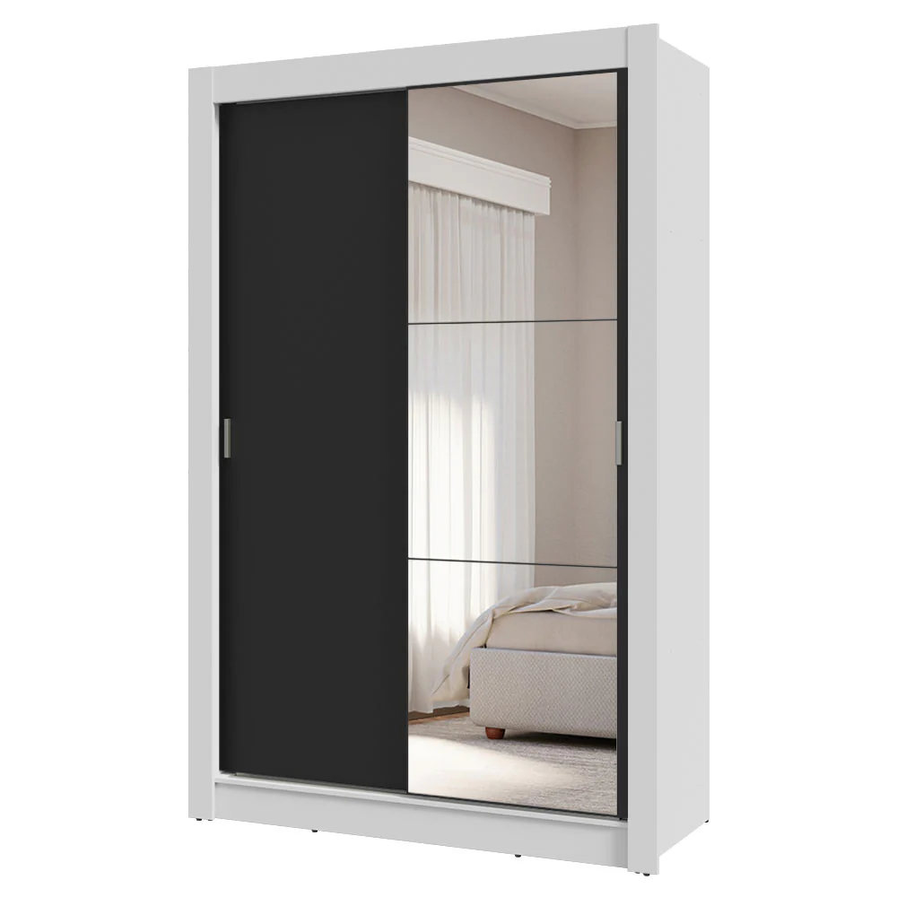 Guarda-Roupa Solteiro 2 Portas de Correr com Espelho 4 Gavetas Branco/Preto Vivare Plus Madesa - Image 2