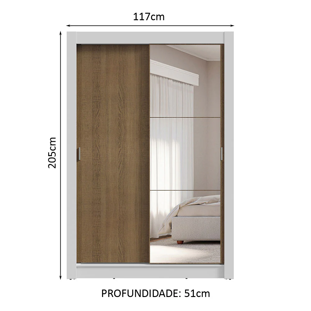 Guarda-Roupa Solteiro 2 Portas de Correr com Espelho 4 Gavetas Branco/Rustic Vivare Plus Madesa - Image 3