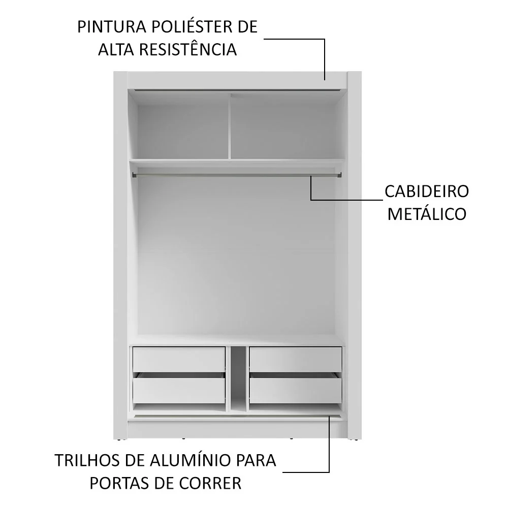 Guarda-Roupa Solteiro 2 Portas de Correr com Espelho 4 Gavetas Branco/Rustic Vivare Plus Madesa - Image 6
