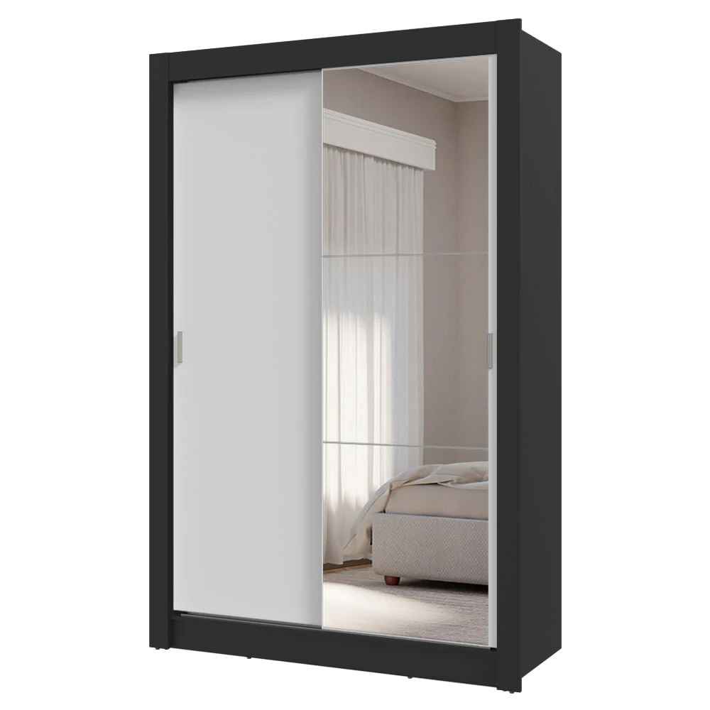 Guarda-Roupa Solteiro 2 Portas de Correr com Espelho 4 Gavetas Preto/Branco Vivare Plus Madesa - Image 2