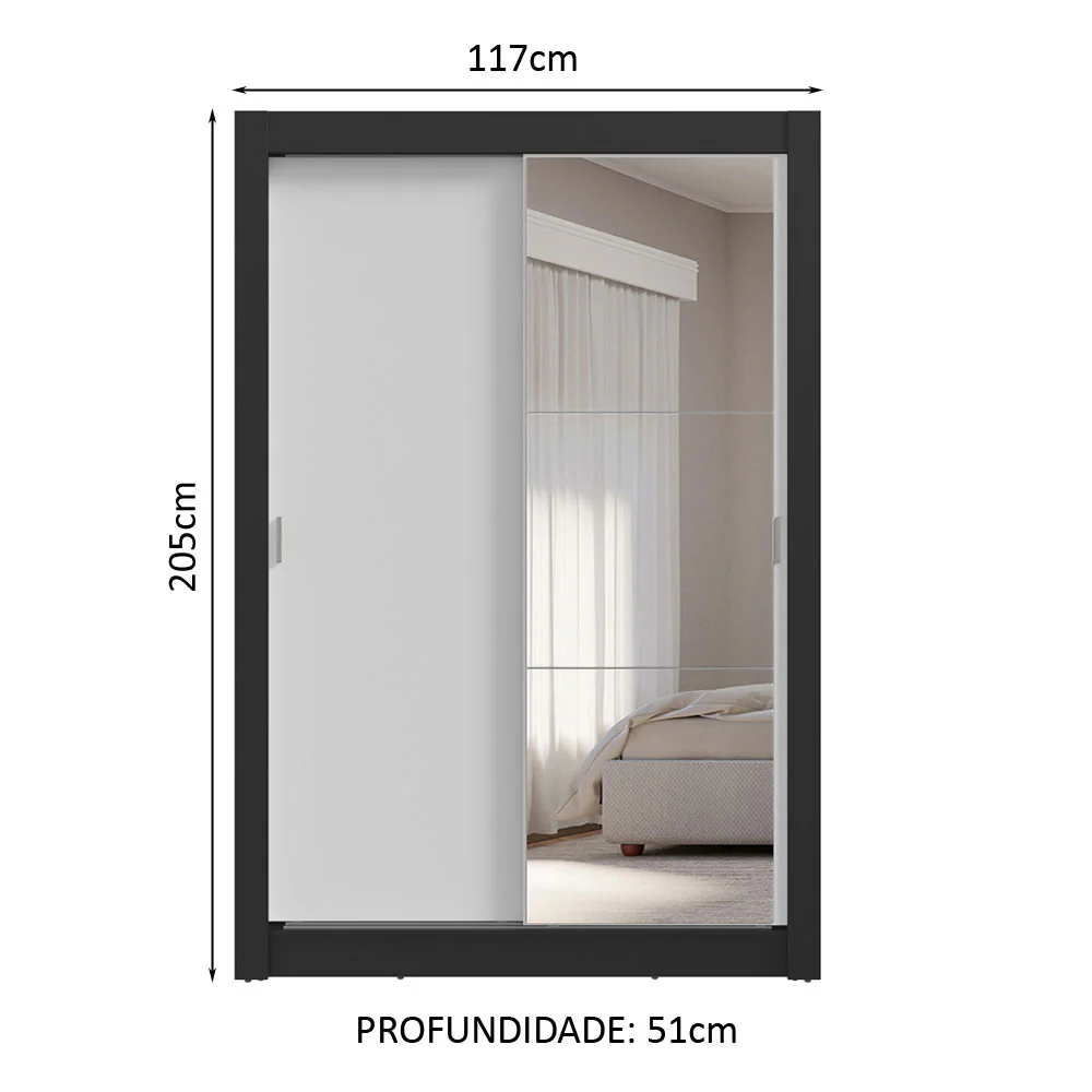 Guarda-Roupa Solteiro 2 Portas de Correr com Espelho 4 Gavetas Preto/Branco Vivare Plus Madesa - Image 3