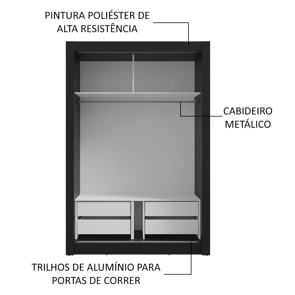 Guarda-Roupa Solteiro 2 Portas de Correr com Espelho 4 Gavetas Preto/Branco Vivare Plus Madesa - Image 6
