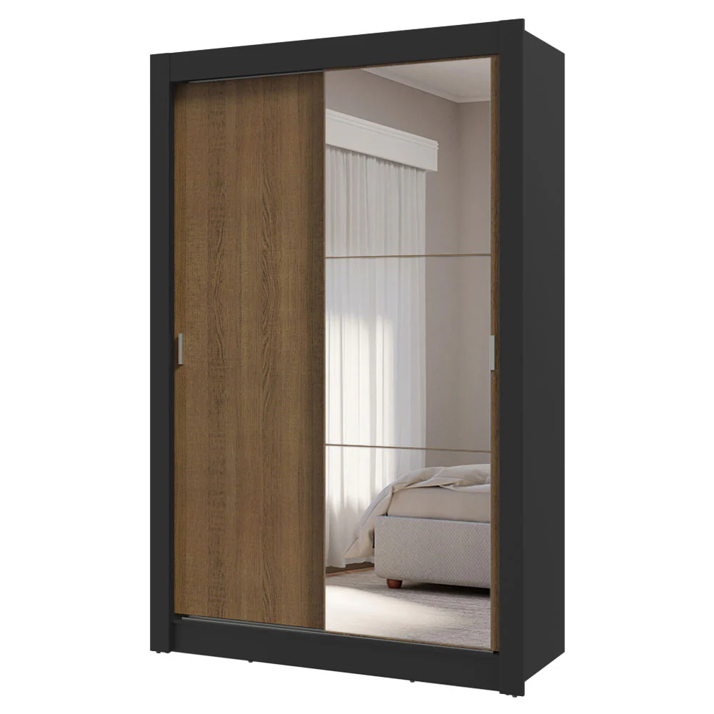 Guarda-Roupa Solteiro 2 Portas de Correr com Espelho 4 Gavetas Preto/Rustic Vivare Plus Madesa - Image 2