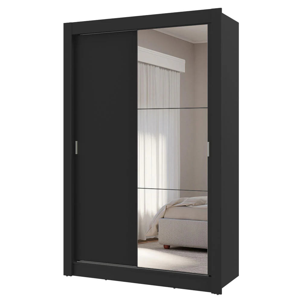 Guarda-Roupa Solteiro 2 Portas de Correr com Espelho 4 Gavetas Preto Vivare Plus Madesa - Image 2