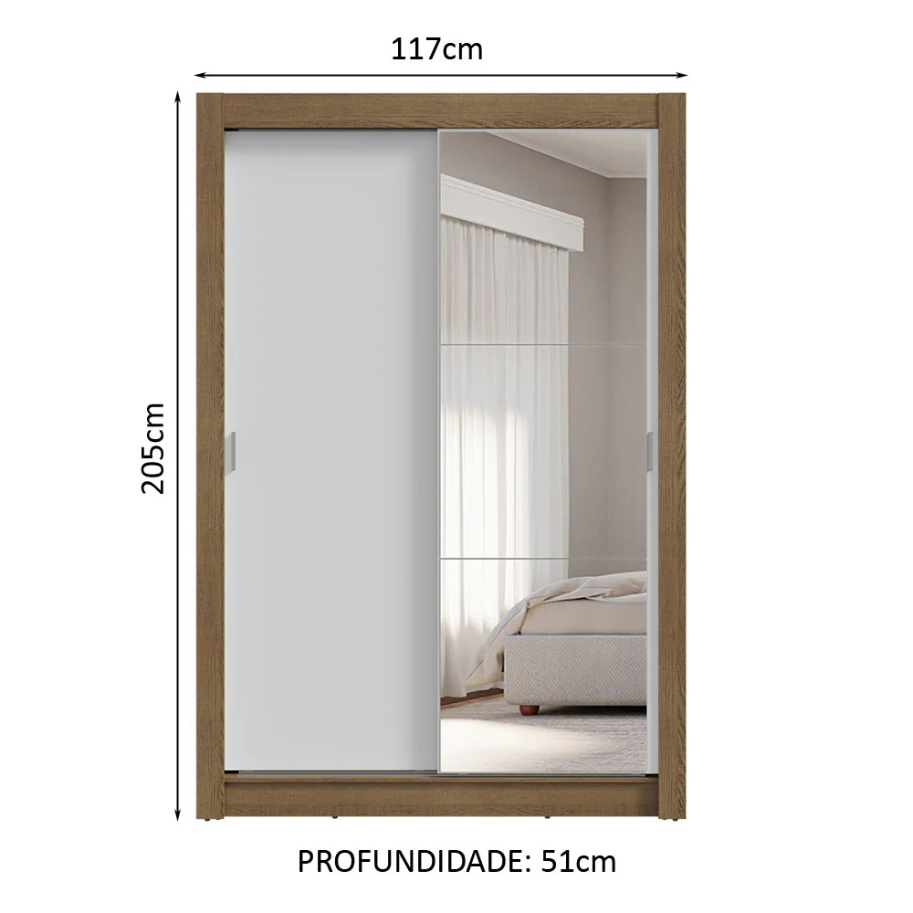 Guarda-Roupa Solteiro 2 Portas de Correr com Espelho 4 Gavetas Rustic/Branco Vivare Plus Madesa - Image 3