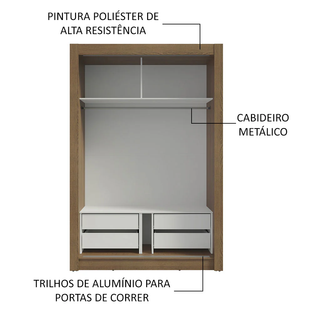 Guarda-Roupa Solteiro 2 Portas de Correr com Espelho 4 Gavetas Rustic/Branco Vivare Plus Madesa - Image 6