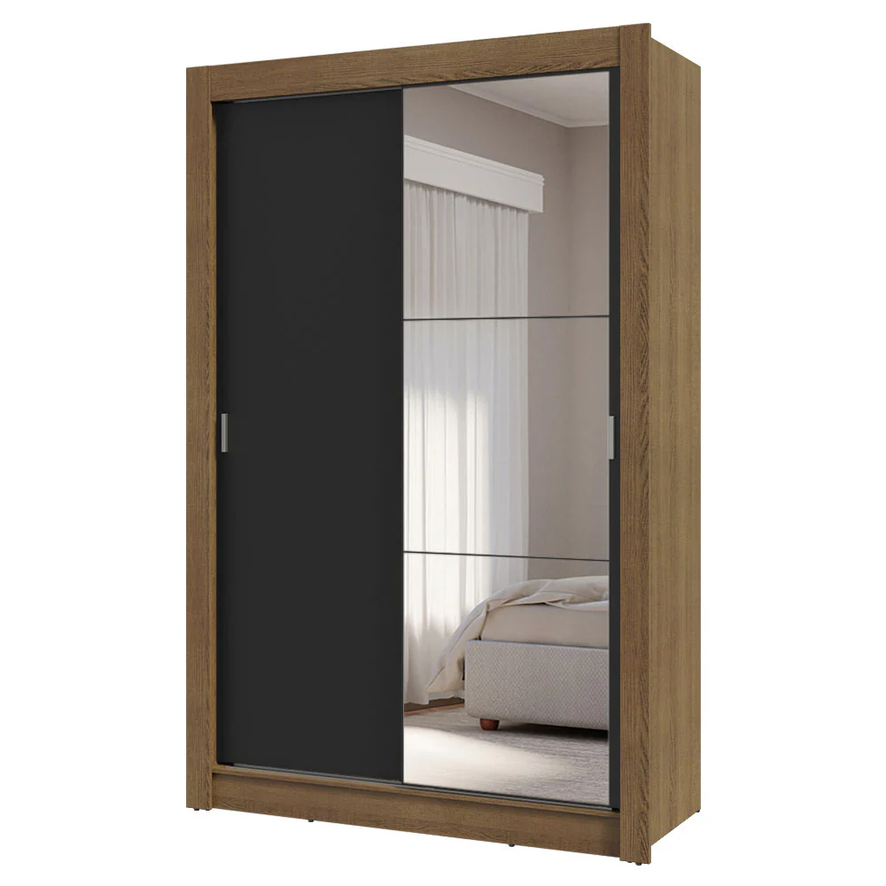 Guarda-Roupa Solteiro 2 Portas de Correr com Espelho 4 Gavetas Rustic/Preto Vivare Plus Madesa - Image 2