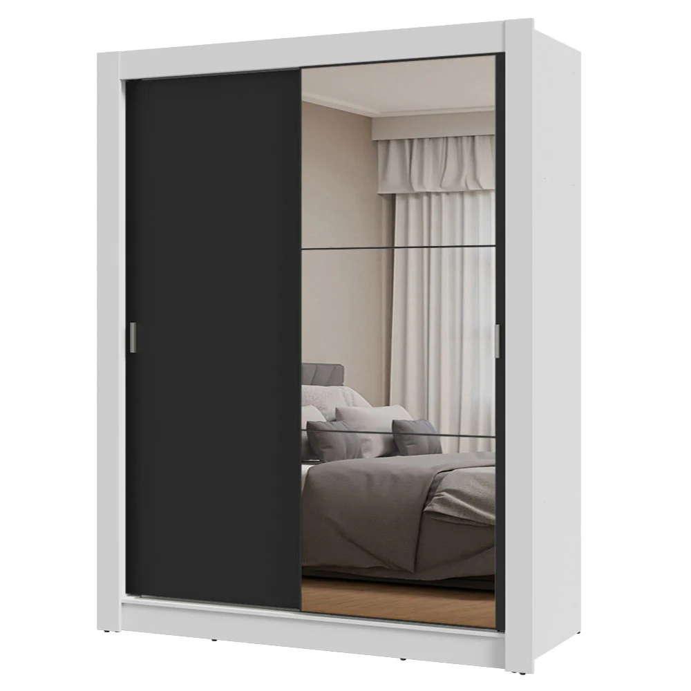 Guarda-Roupa Solteiro 2 Portas de Correr com Espelho Branco/Preto Milano Madesa - Image 2