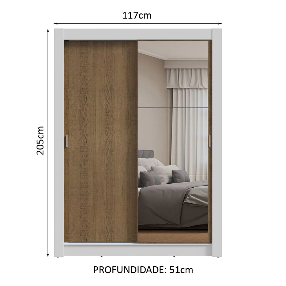 Guarda-Roupa Solteiro 2 Portas de Correr com Espelho Branco/Rustic Milano Madesa - Image 3