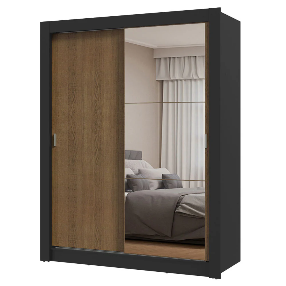 Guarda-Roupa Solteiro 2 Portas de Correr com Espelho Preto/Rustic Milano Madesa - Image 2