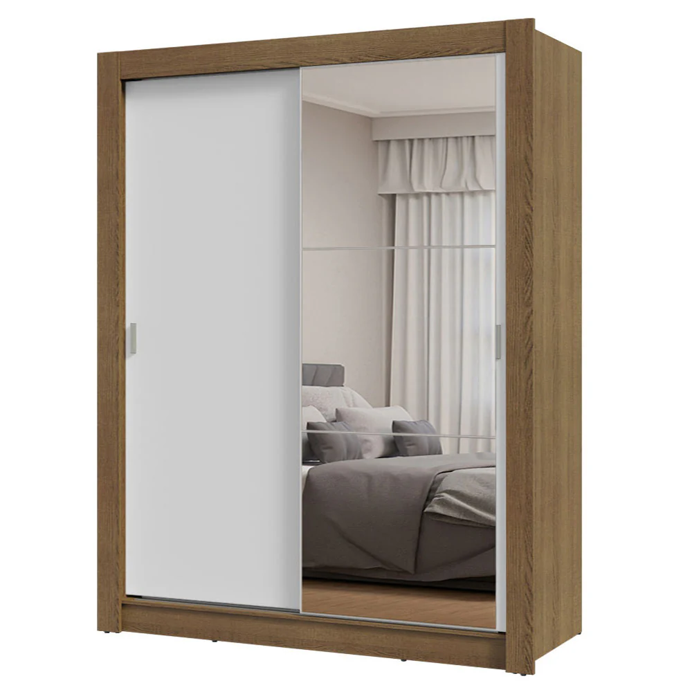 Guarda-Roupa Solteiro 2 Portas de Correr com Espelho Rustic/Branco Milano Madesa - Image 2